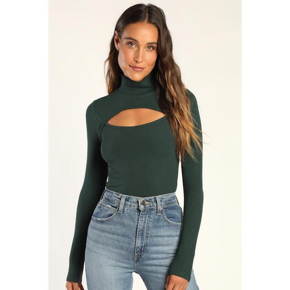 Lulus Flirty Little Secret Forest Green Ribbed Mock Neck Cutout Top - Size L